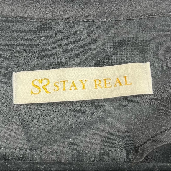 STAY REAL Silky Jaquard Flowy Boho Japanese Printed Front Buttondown Blouse Top - Picture 7 of 12